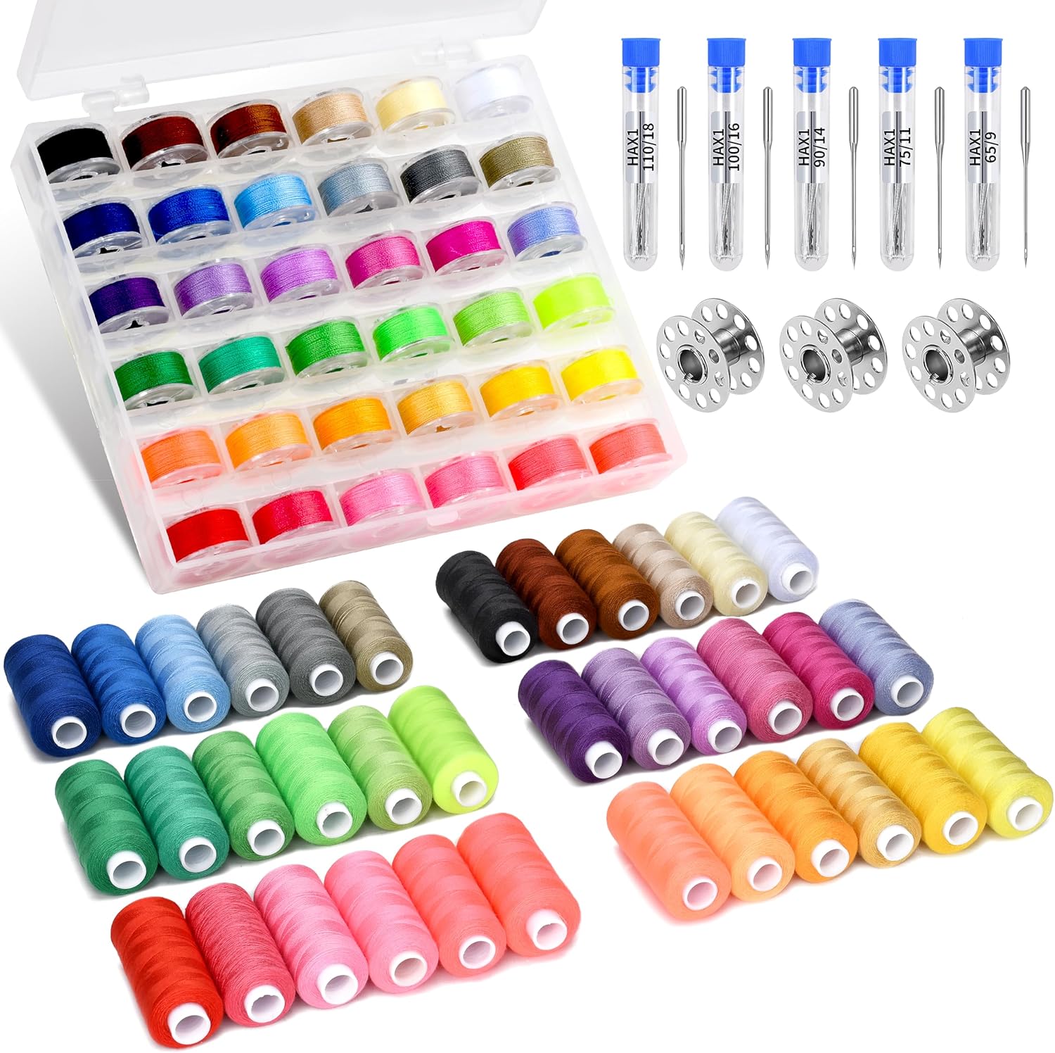 125 Pcs Sewing Thread Kit, 36 Assorted Colors Machine Threads with Spools, 400 Yards Prewound Bobbins Threads Set with 50 Pcs Machine Needles for Universal Sewing Machines Use